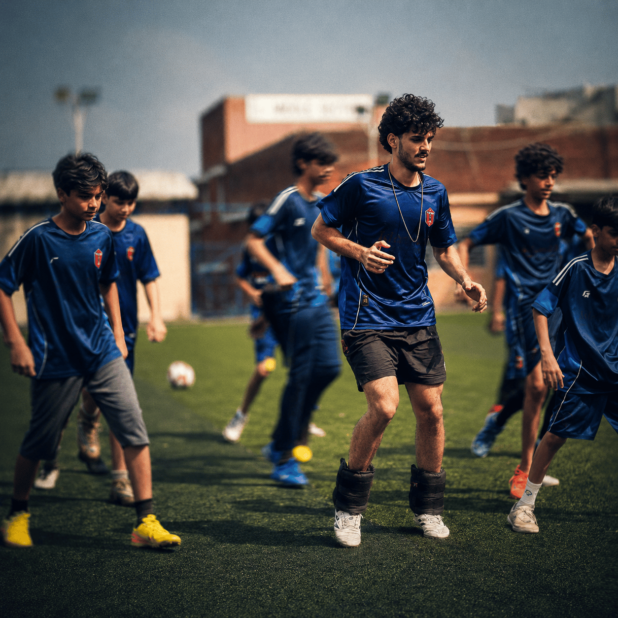 A small-sided game in progress, players closing each other down