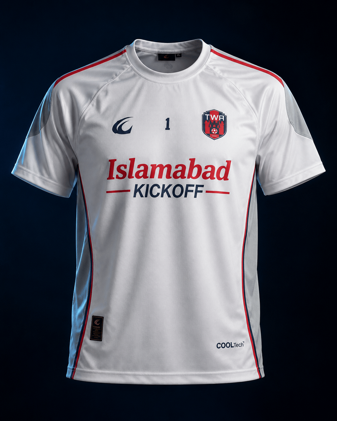 The TWA FC white away shirt, lit in a dark studio