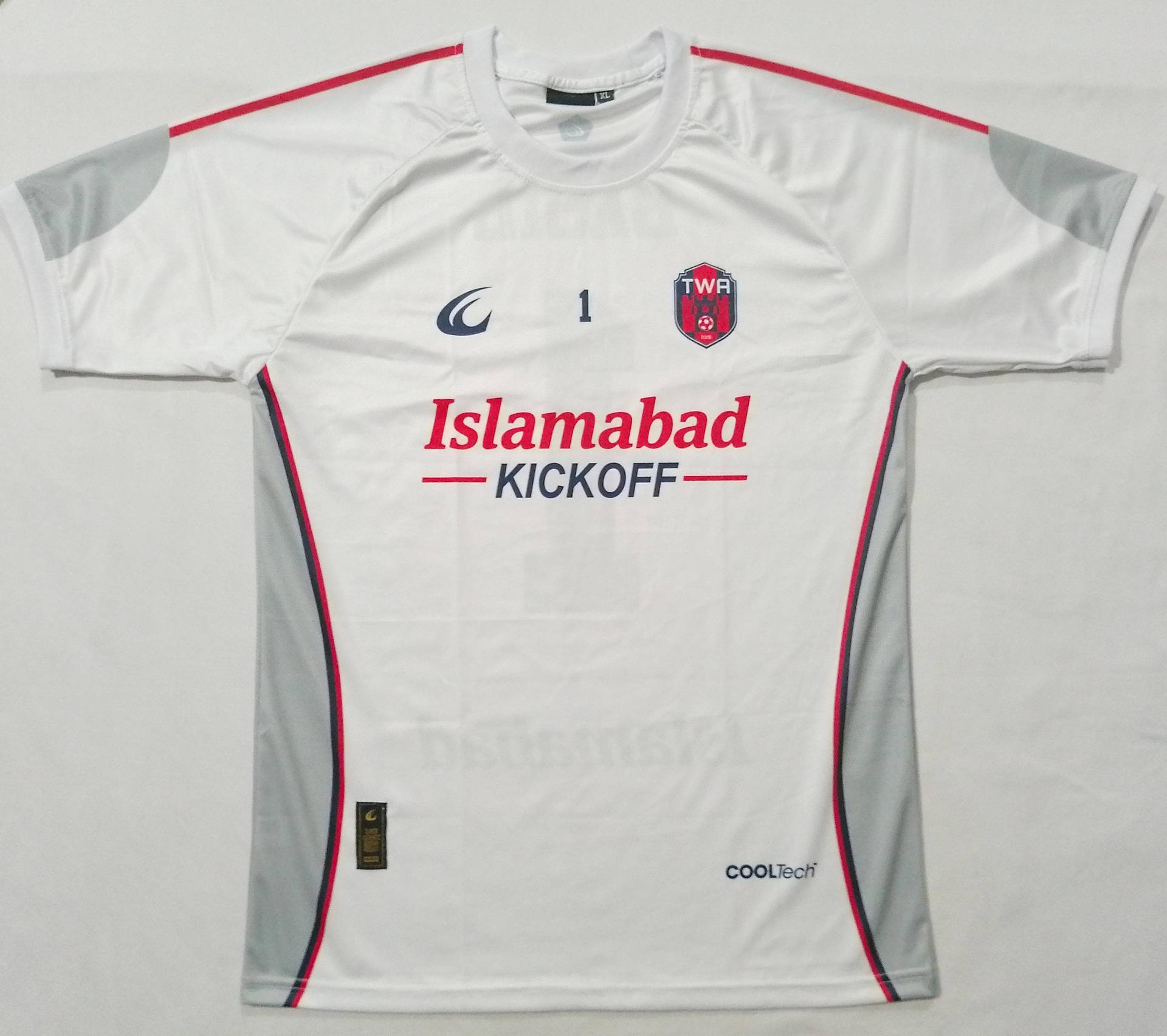 The front of the white away shirt, collar and chest sponsor showing