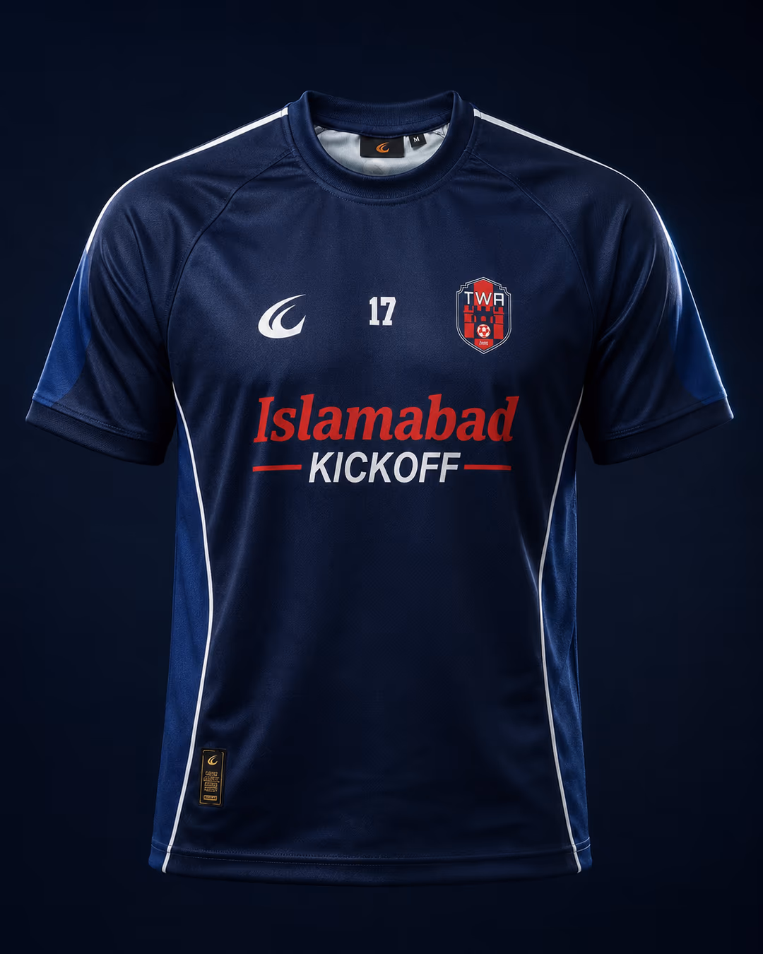 The navy TWA FC home shirt lit against a dark studio ground