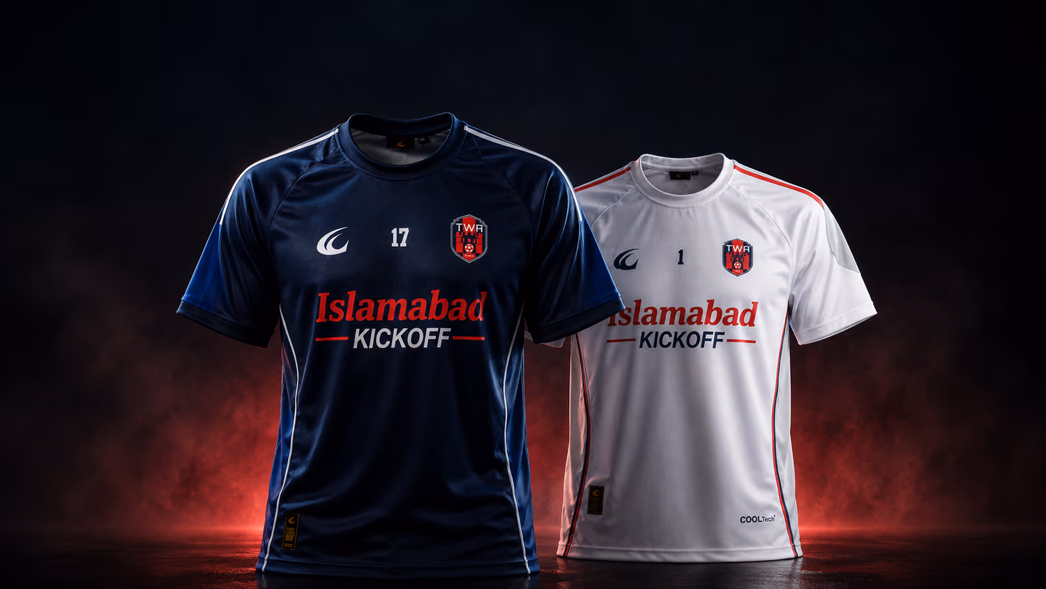 The navy home shirt and the white away shirt side by side under a red haze
