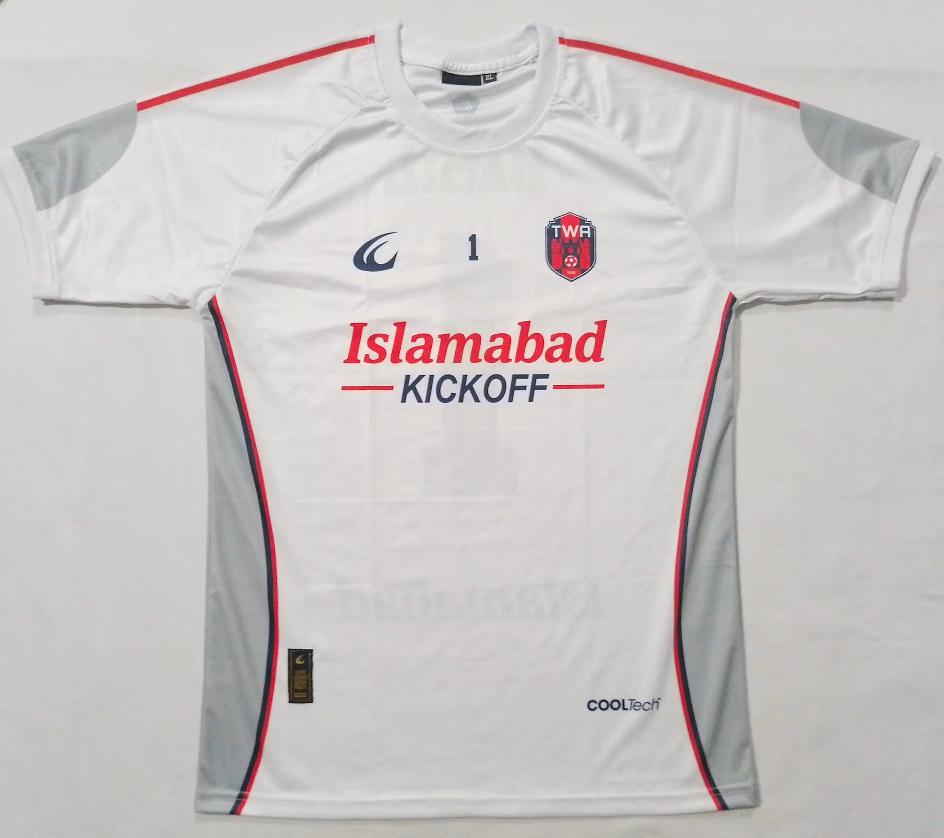 The front of the white away shirt, collar and chest sponsor showing